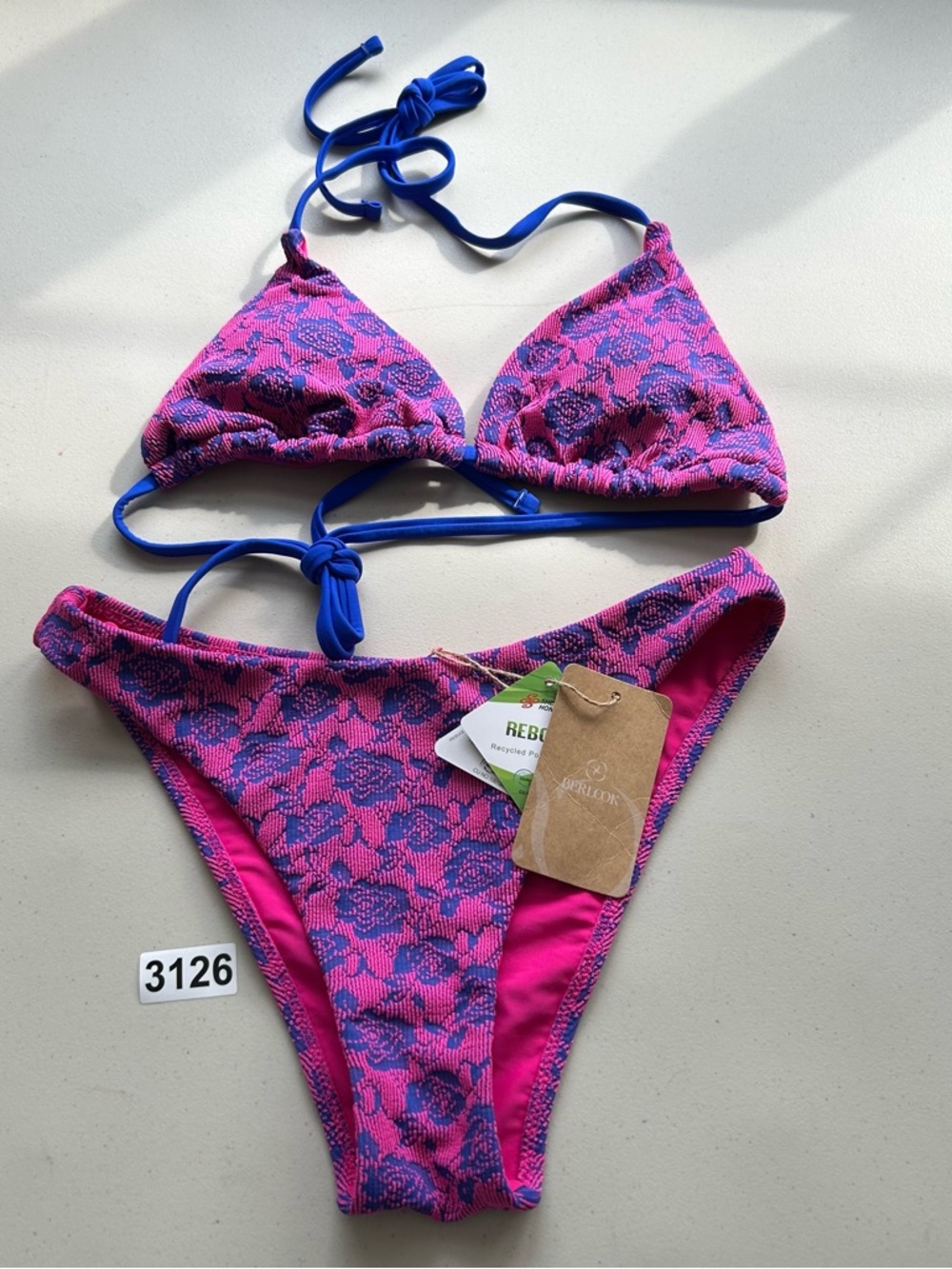 Berlook Bikini Set Pink Rose Floral Jacquard Triangle Top Small Swimwear